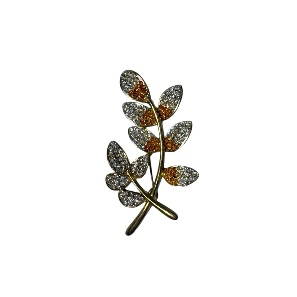 Vintage Gold Tone Rhinestone Orange Accent Branch Leaves Brooch Pin